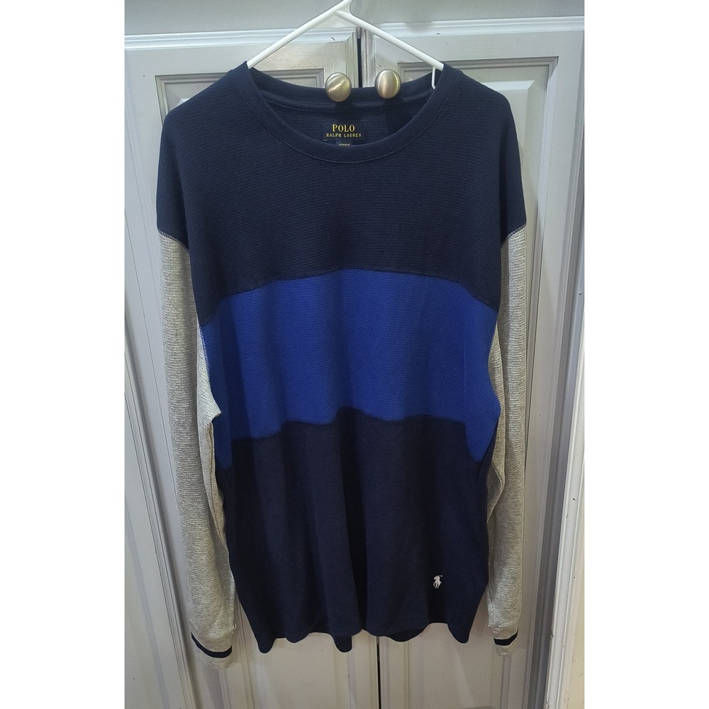 Polo Ralph Lauren Mens XL Waffle Knit Sleepwear Shirt Colorblock Blue Grey Logo